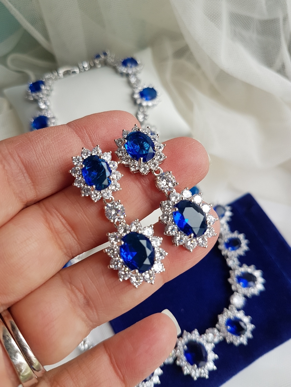 Swarovski Elements Platinum Plated Sapphire Blue Diana Drop Earrings NEW - Picture 3 of 17